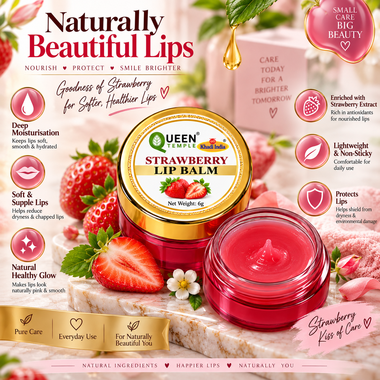 Queen Temple Strawberry Lip Balm with Strawberry Extract for Soft, Smooth & Hydrated Lips, Nourishing Lip Care Balm, 6 g - Image 3