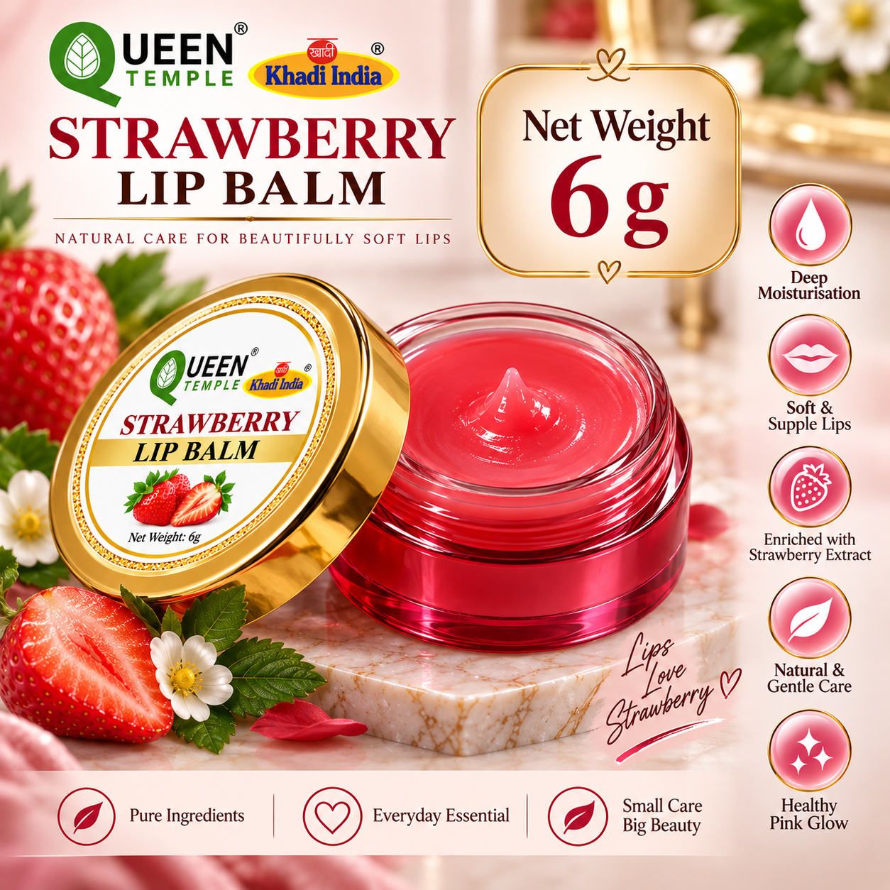 Queen Temple Strawberry Lip Balm with Strawberry Extract for Soft, Smooth & Hydrated Lips, Nourishing Lip Care Balm, 6 g - Image 4