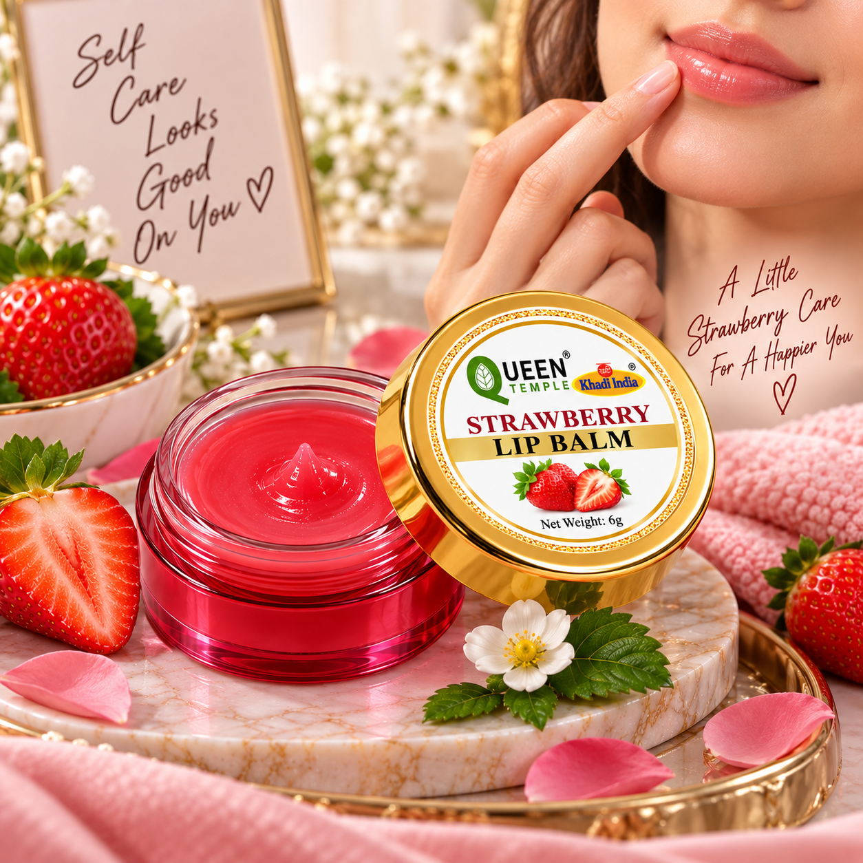 Queen Temple Strawberry Lip Balm with Strawberry Extract for Soft, Smooth & Hydrated Lips, Nourishing Lip Care Balm, 6 g - Image 5