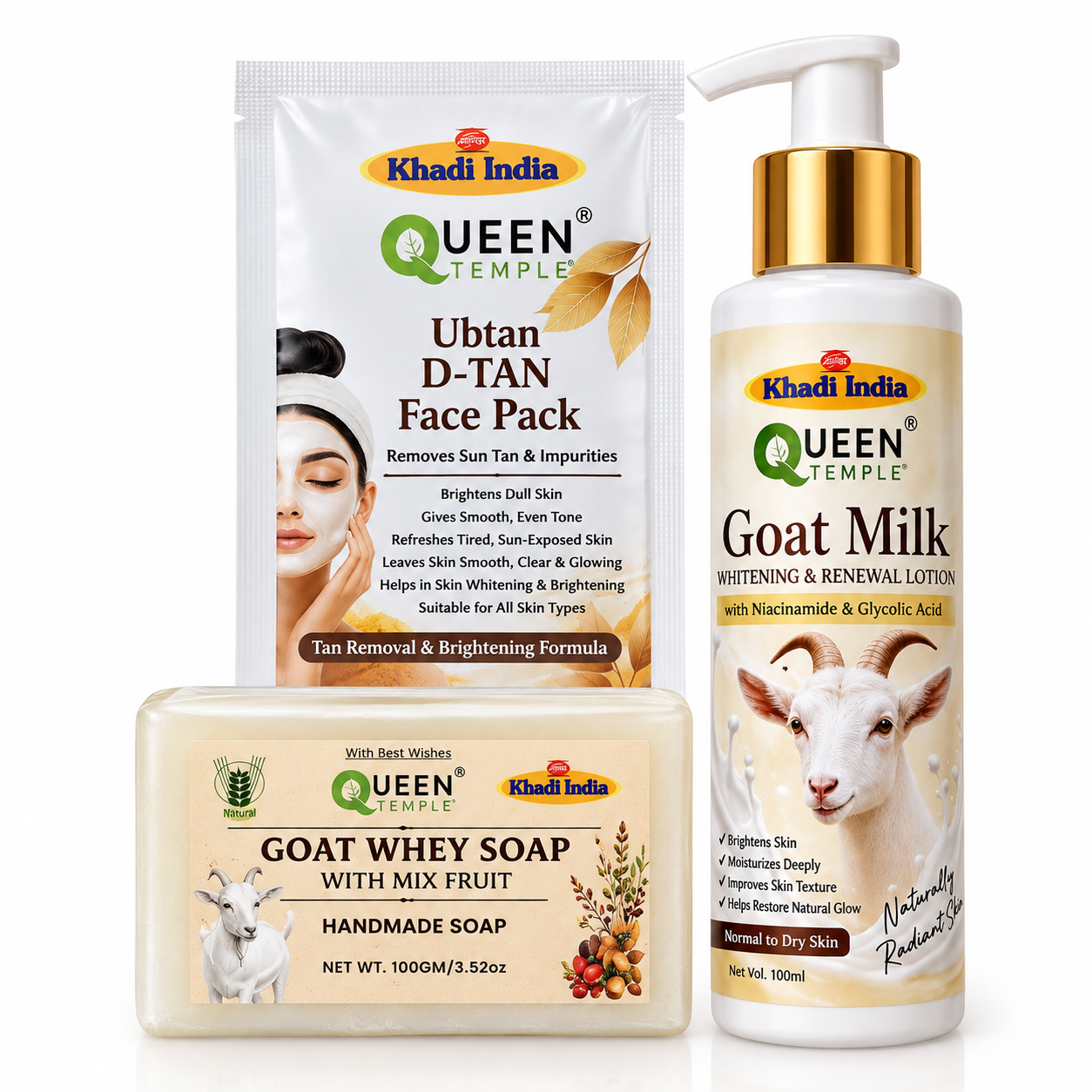 Queen Temple Goat Milk Skincare Combo with Ubtan D-Tan Face Pack, Goat Milk Whitening & Renewal Lotion & Goat Whey Mix Fruit Handmade Soap Gift Hamper