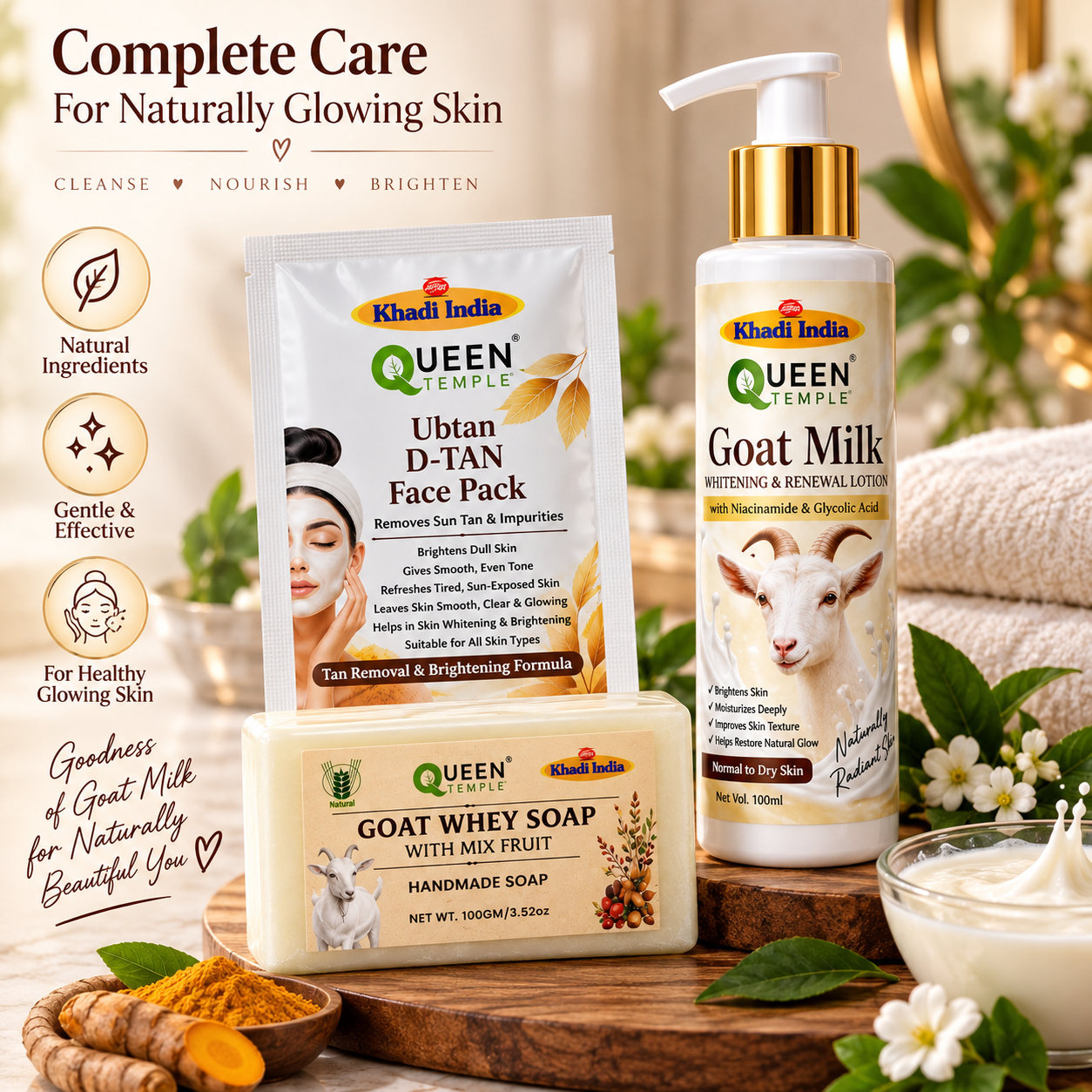 Queen Temple Goat Milk Skincare Combo with Ubtan D-Tan Face Pack, Goat Milk Whitening & Renewal Lotion & Goat Whey Mix Fruit Handmade Soap Gift Hamper - Image 6