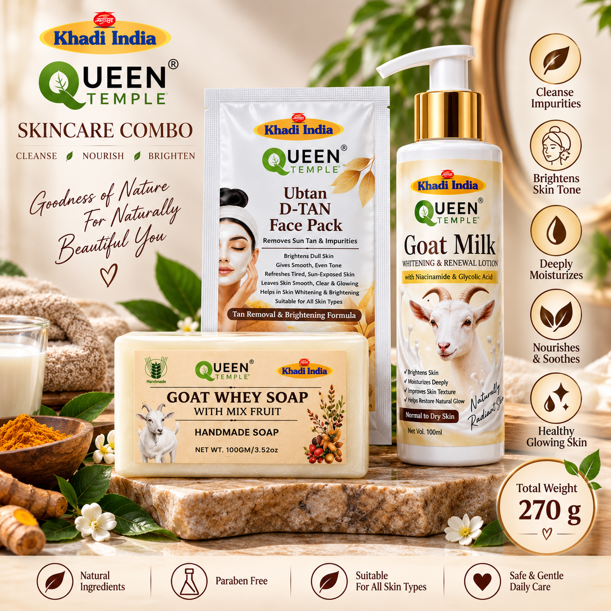 Queen Temple Goat Milk Skincare Combo with Ubtan D-Tan Face Pack, Goat Milk Whitening & Renewal Lotion & Goat Whey Mix Fruit Handmade Soap Gift Hamper - Image 4