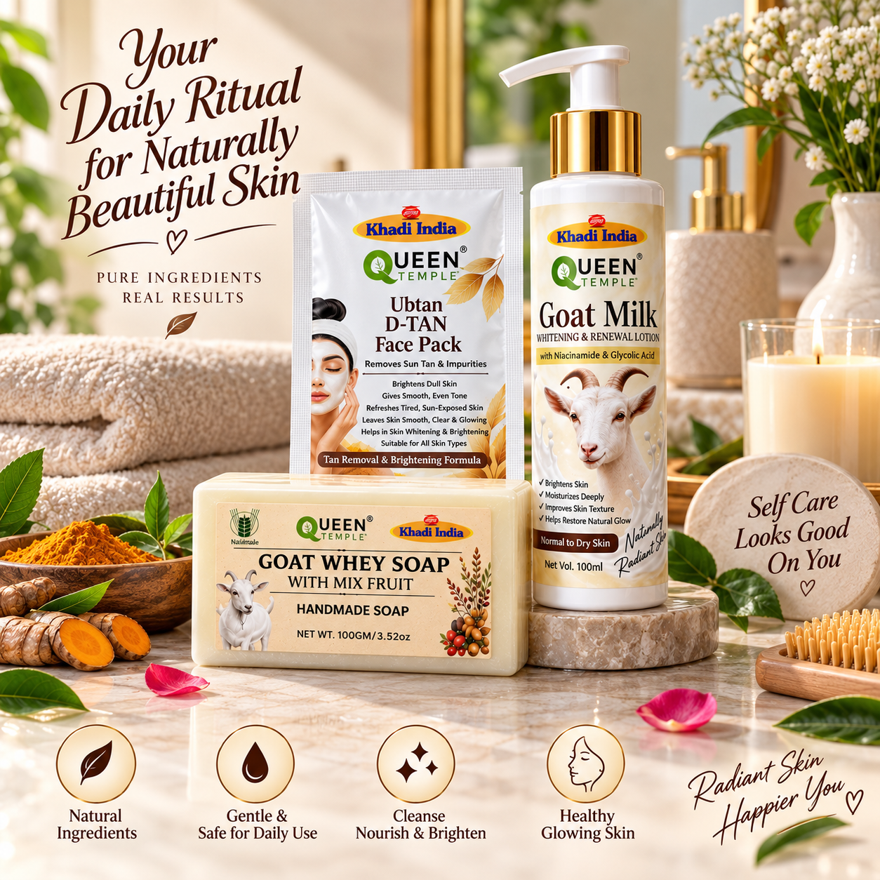 Queen Temple Goat Milk Skincare Combo with Ubtan D-Tan Face Pack, Goat Milk Whitening & Renewal Lotion & Goat Whey Mix Fruit Handmade Soap Gift Hamper - Image 2
