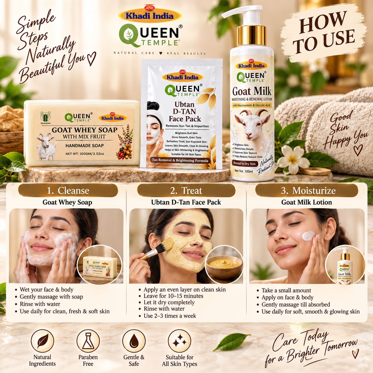 Queen Temple Goat Milk Skincare Combo with Ubtan D-Tan Face Pack, Goat Milk Whitening & Renewal Lotion & Goat Whey Mix Fruit Handmade Soap Gift Hamper - Image 3