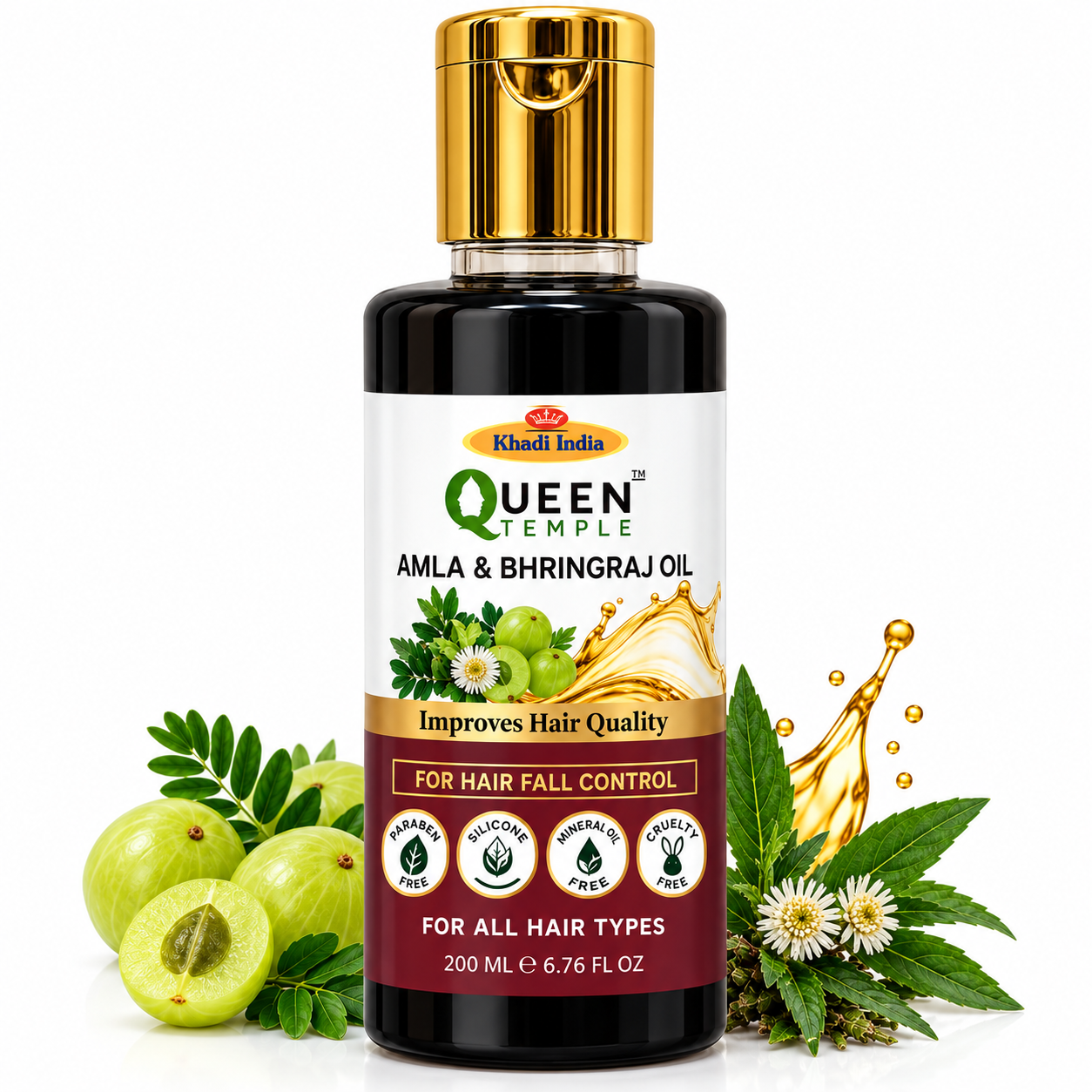 Queen Temple Amla & Bhringraj Hair Oil for Hair Fall Control, Hair Root Nourishment & Improved Hair Quality, Ayurvedic Hair Oil for All Hair Types, 200 ml