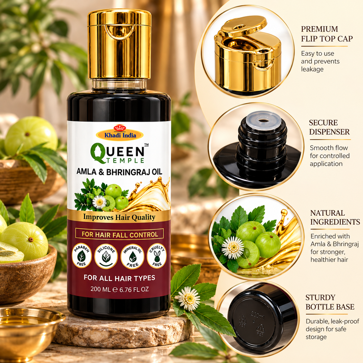 Queen Temple Amla & Bhringraj Hair Oil for Hair Fall Control, Hair Root Nourishment & Improved Hair Quality, Ayurvedic Hair Oil for All Hair Types, 200 ml - Image 2