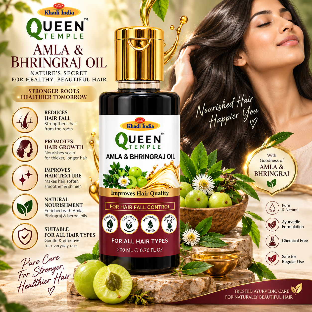 Queen Temple Amla & Bhringraj Hair Oil for Hair Fall Control, Hair Root Nourishment & Improved Hair Quality, Ayurvedic Hair Oil for All Hair Types, 200 ml - Image 3