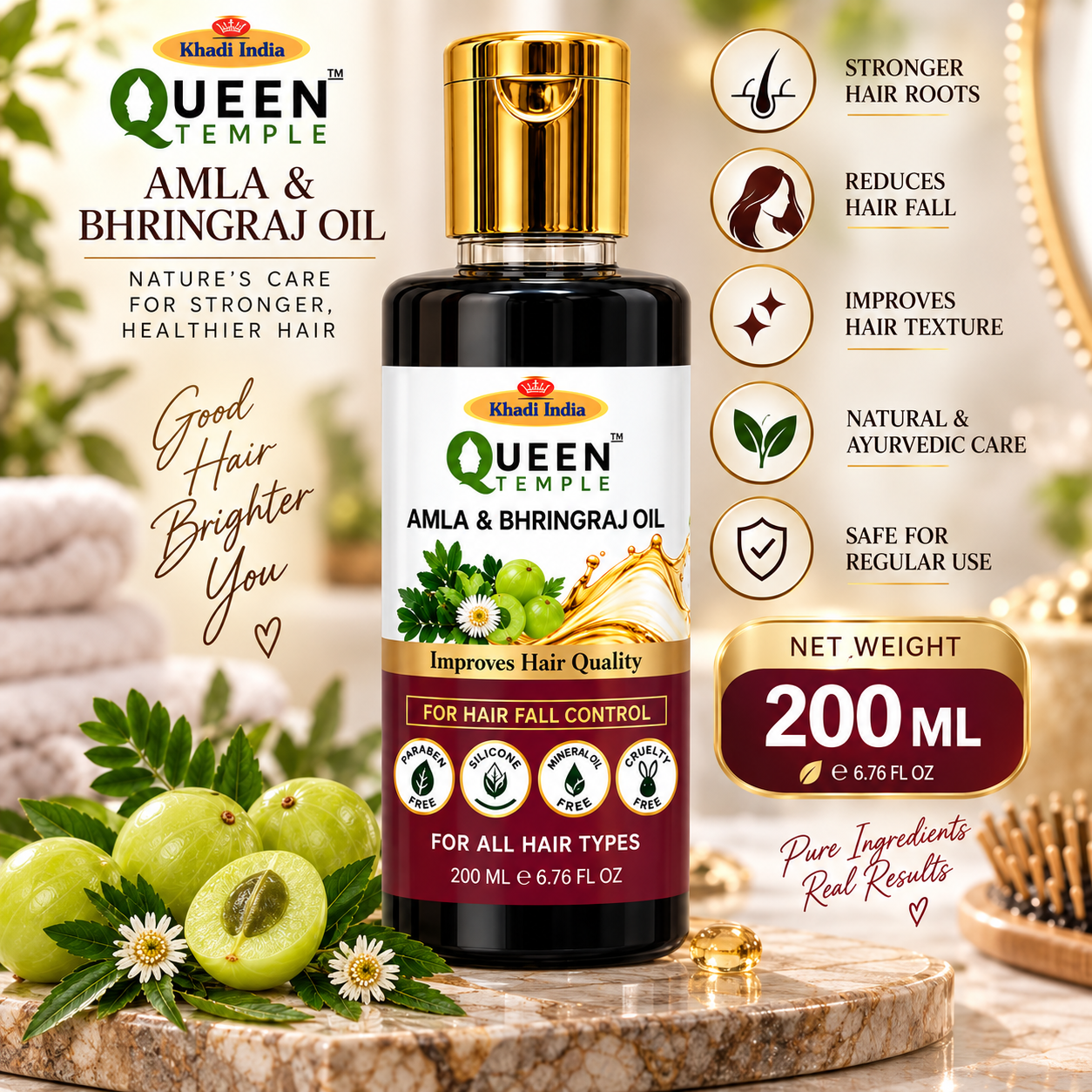 Queen Temple Amla & Bhringraj Hair Oil for Hair Fall Control, Hair Root Nourishment & Improved Hair Quality, Ayurvedic Hair Oil for All Hair Types, 200 ml - Image 4