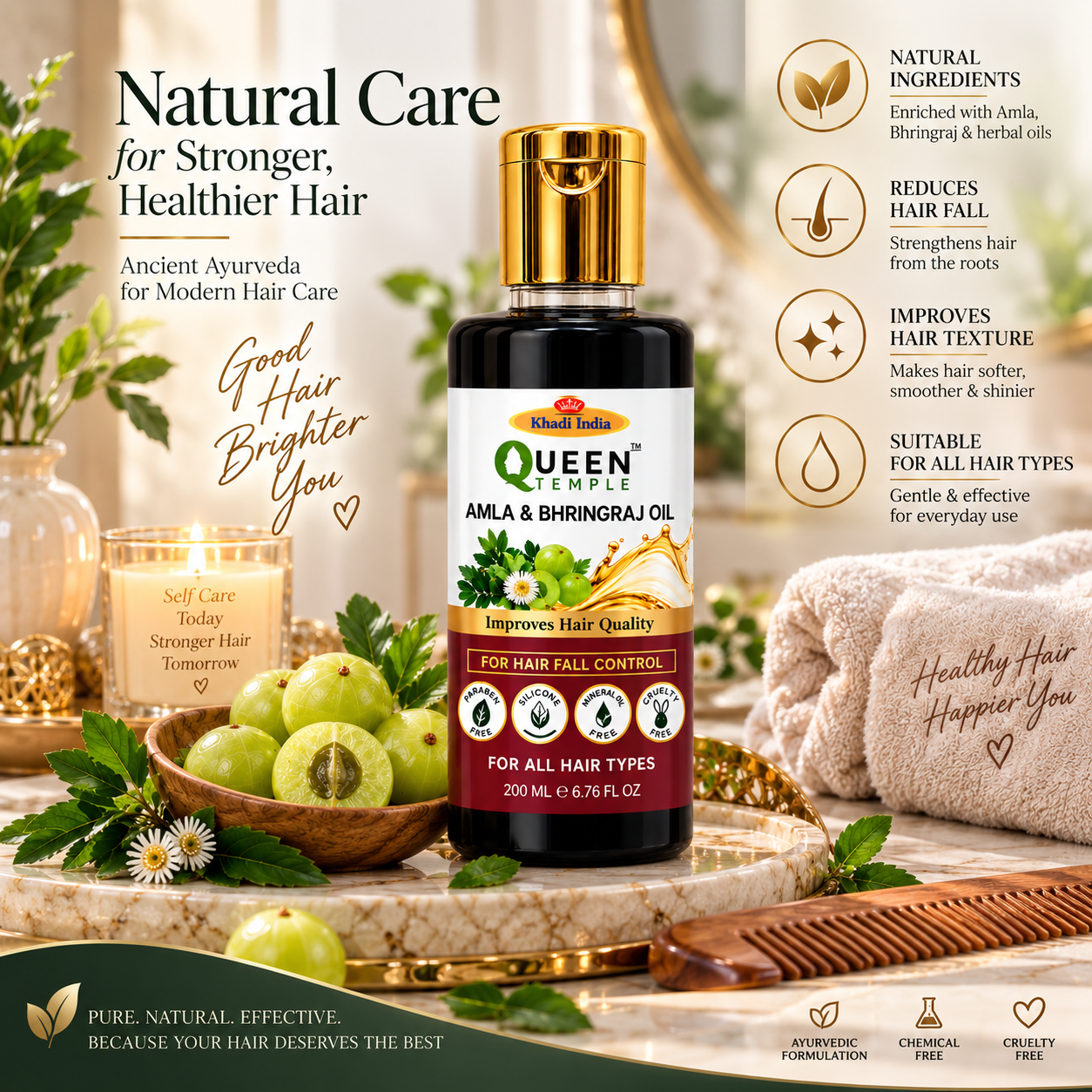 Queen Temple Amla & Bhringraj Hair Oil for Hair Fall Control, Hair Root Nourishment & Improved Hair Quality, Ayurvedic Hair Oil for All Hair Types, 200 ml - Image 6