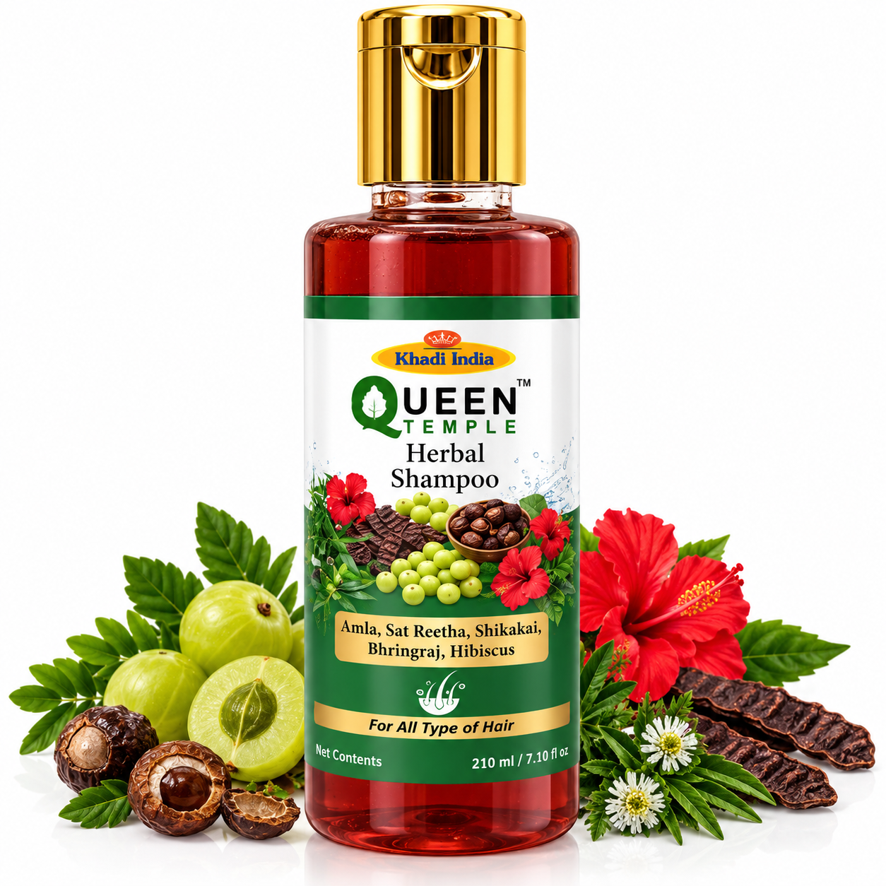 Queen Temple Herbal Shampoo with Amla, Reetha, Shikakai, Bhringraj & Hibiscus for All Hair Types, Gentle Cleansing & Nourishing Hair Care, 210 ml Product Description