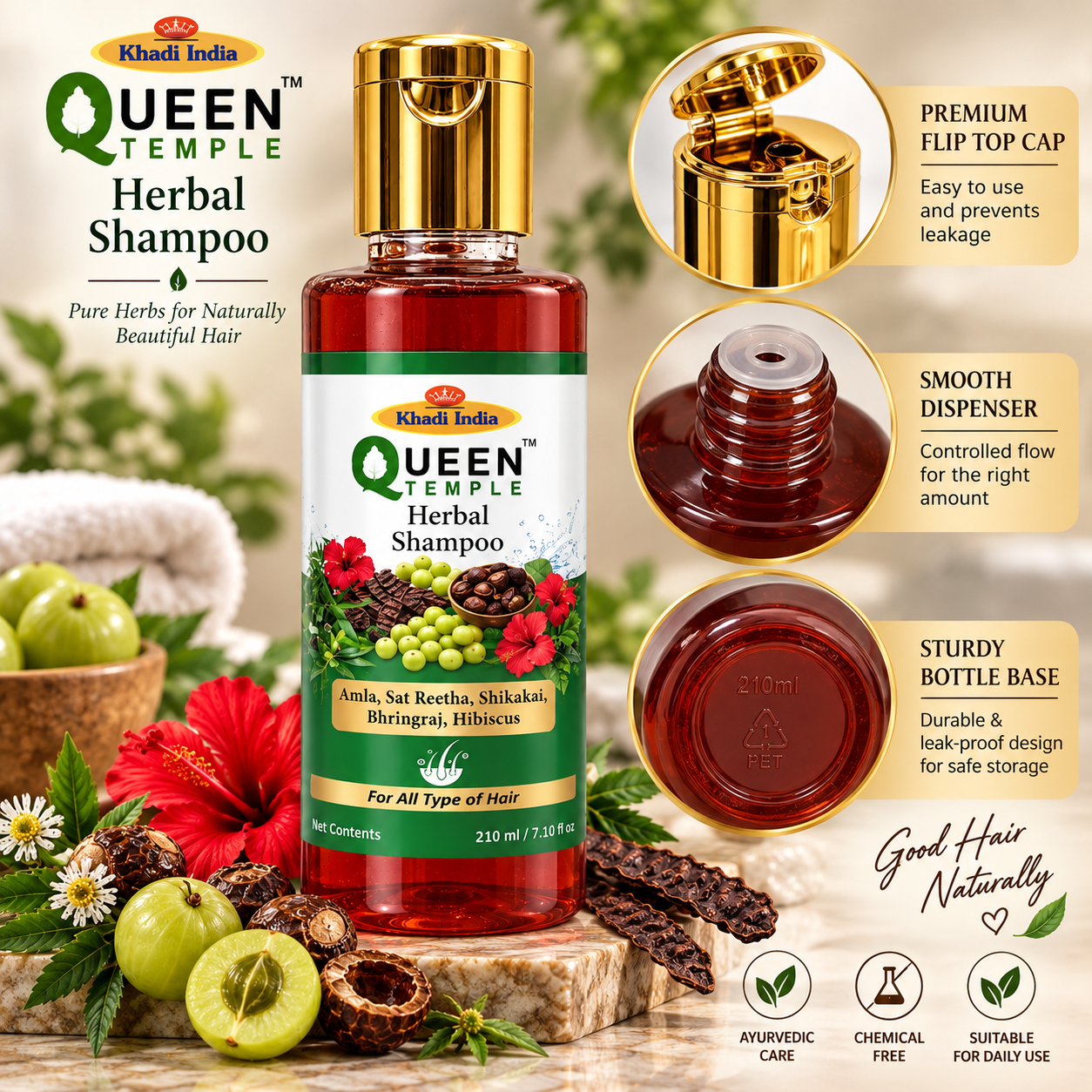 Queen Temple Herbal Shampoo with Amla, Reetha, Shikakai, Bhringraj & Hibiscus for All Hair Types, Gentle Cleansing & Nourishing Hair Care, 210 ml Product Description - Image 2