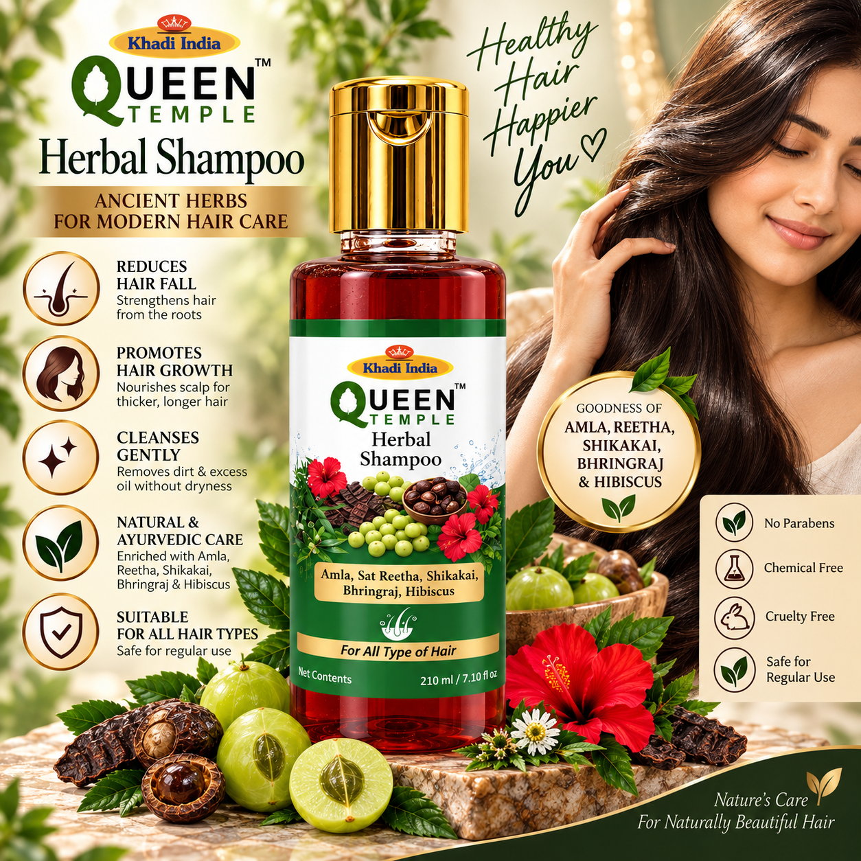 Queen Temple Herbal Shampoo with Amla, Reetha, Shikakai, Bhringraj & Hibiscus for All Hair Types, Gentle Cleansing & Nourishing Hair Care, 210 ml Product Description - Image 3