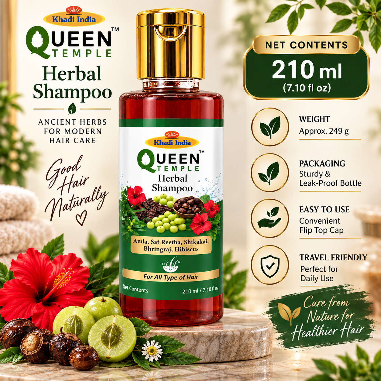 Queen Temple Herbal Shampoo with Amla, Reetha, Shikakai, Bhringraj & Hibiscus for All Hair Types, Gentle Cleansing & Nourishing Hair Care, 210 ml Product Description - Image 4
