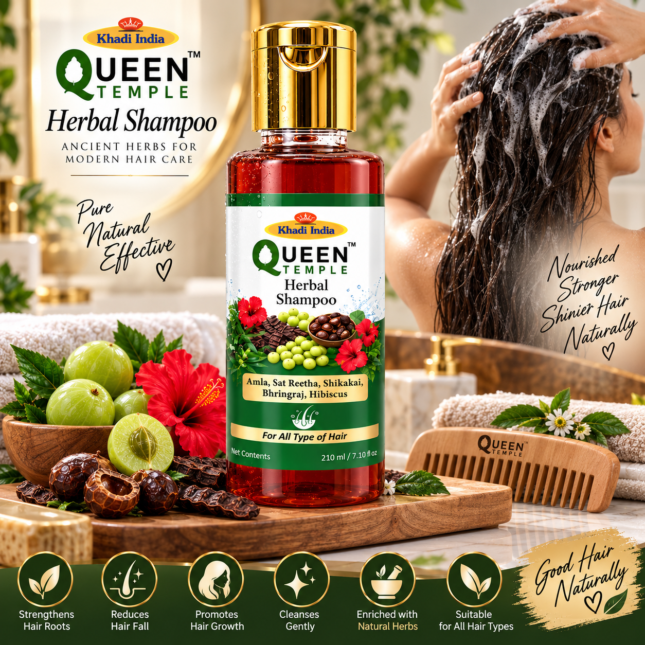 Queen Temple Herbal Shampoo with Amla, Reetha, Shikakai, Bhringraj & Hibiscus for All Hair Types, Gentle Cleansing & Nourishing Hair Care, 210 ml Product Description - Image 5