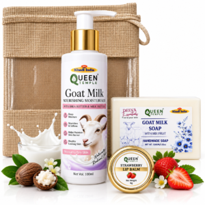 Queen Temple Goat Milk Skincare Combo with Nourishing Moisturiser, Goat Milk Handmade Soap & Strawberry Lip Balm, Shea Butter & Milk Protein, 206 g Approx.