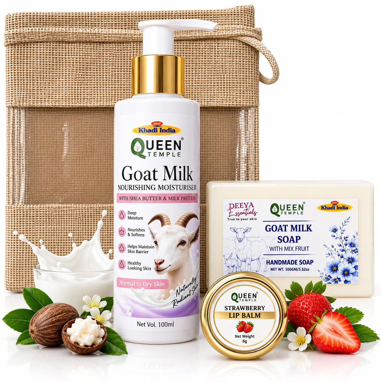 Queen Temple Goat Milk Skincare Combo with Nourishing Moisturiser, Goat Milk Handmade Soap & Strawberry Lip Balm, Shea Butter & Milk Protein, 206 g Approx.