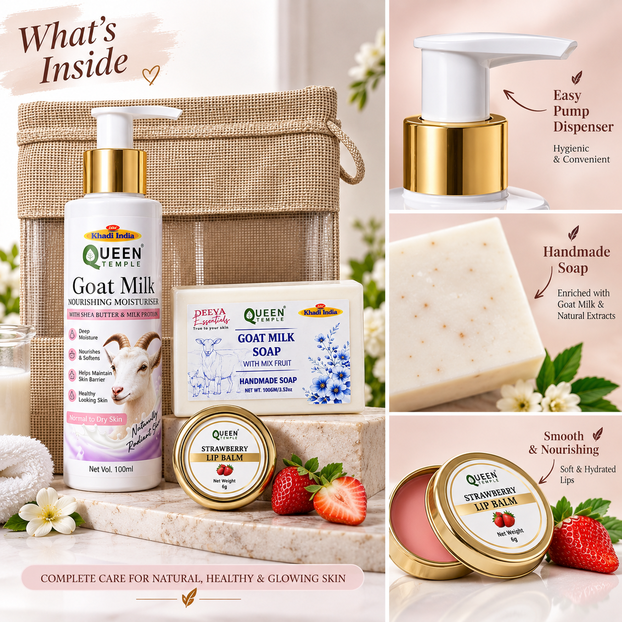 Queen Temple Goat Milk Skincare Combo with Nourishing Moisturiser, Goat Milk Handmade Soap & Strawberry Lip Balm, Shea Butter & Milk Protein, 206 g Approx. - Image 3