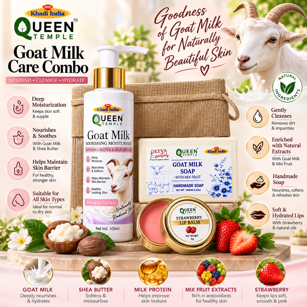 Queen Temple Goat Milk Skincare Combo with Nourishing Moisturiser, Goat Milk Handmade Soap & Strawberry Lip Balm, Shea Butter & Milk Protein, 206 g Approx. - Image 4