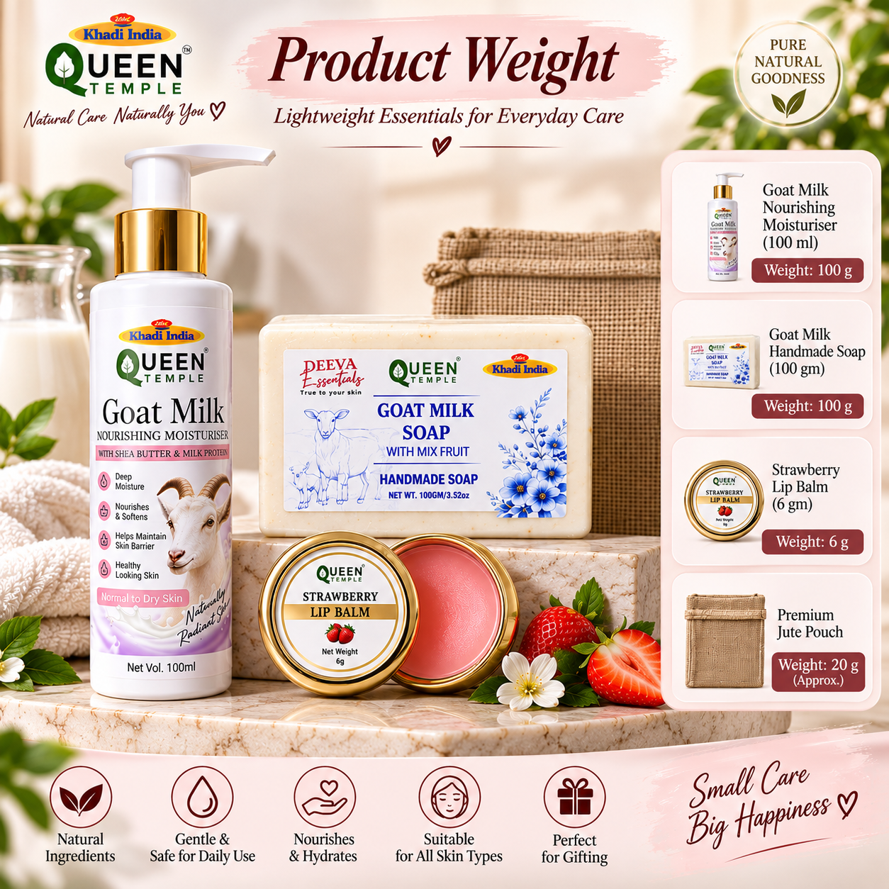 Queen Temple Goat Milk Skincare Combo with Nourishing Moisturiser, Goat Milk Handmade Soap & Strawberry Lip Balm, Shea Butter & Milk Protein, 206 g Approx. - Image 5