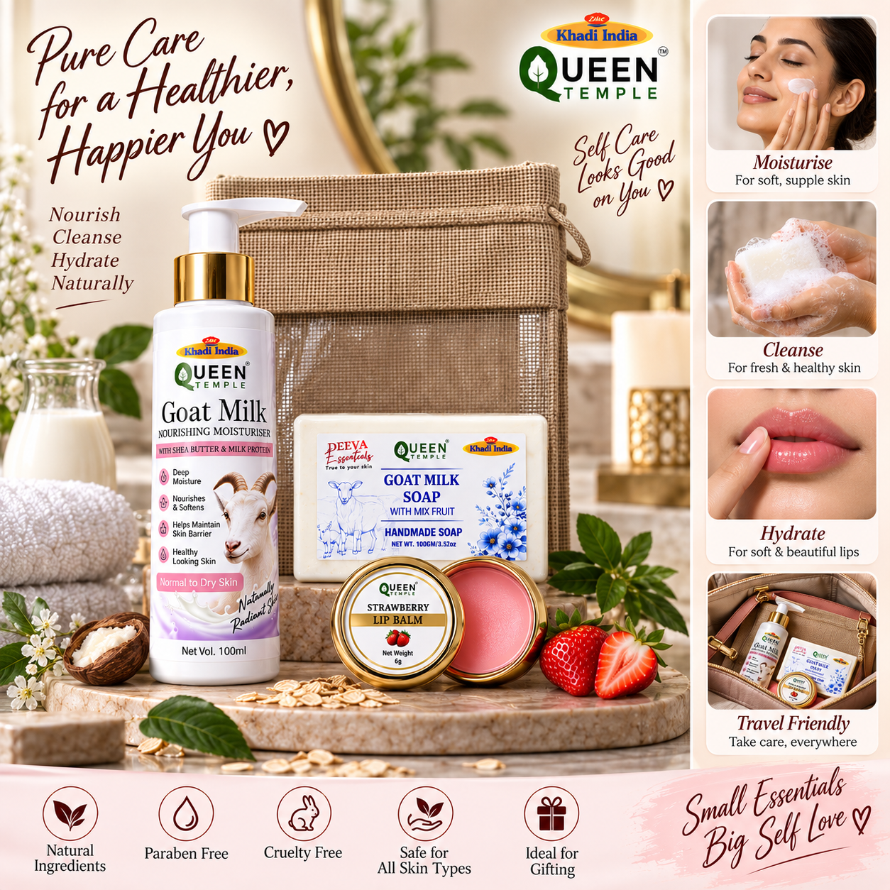 Queen Temple Goat Milk Skincare Combo with Nourishing Moisturiser, Goat Milk Handmade Soap & Strawberry Lip Balm, Shea Butter & Milk Protein, 206 g Approx. - Image 6