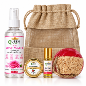 Queen Temple Natural Beauty Care Gift Set with Rose Water, Strawberry Lip Balm, Deeva Phool Attar Roll-On & Handmade Natural Soap, Complete Skincare & Fragrance Combo