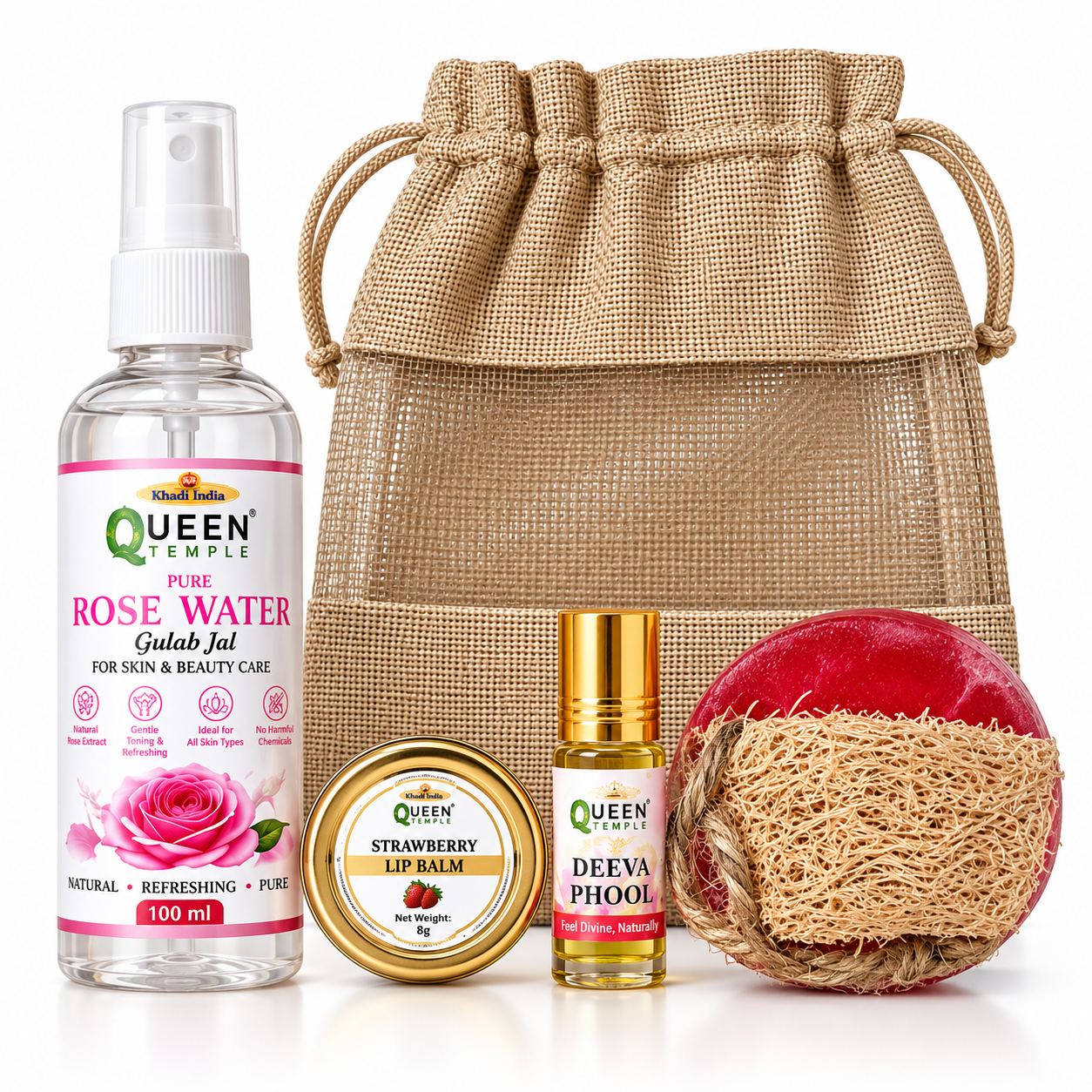 Queen Temple Natural Beauty Care Gift Set with Rose Water, Strawberry Lip Balm, Deeva Phool Attar Roll-On & Handmade Natural Soap, Complete Skincare & Fragrance Combo