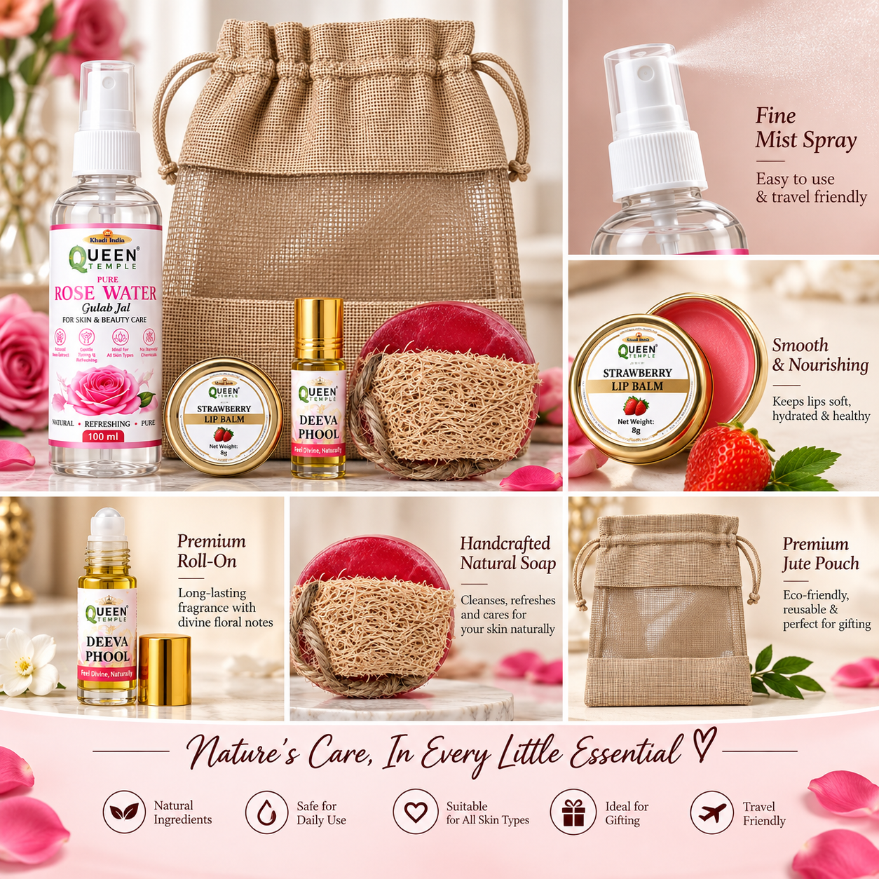 Queen Temple Natural Beauty Care Gift Set with Rose Water, Strawberry Lip Balm, Deeva Phool Attar Roll-On & Handmade Natural Soap, Complete Skincare & Fragrance Combo - Image 3