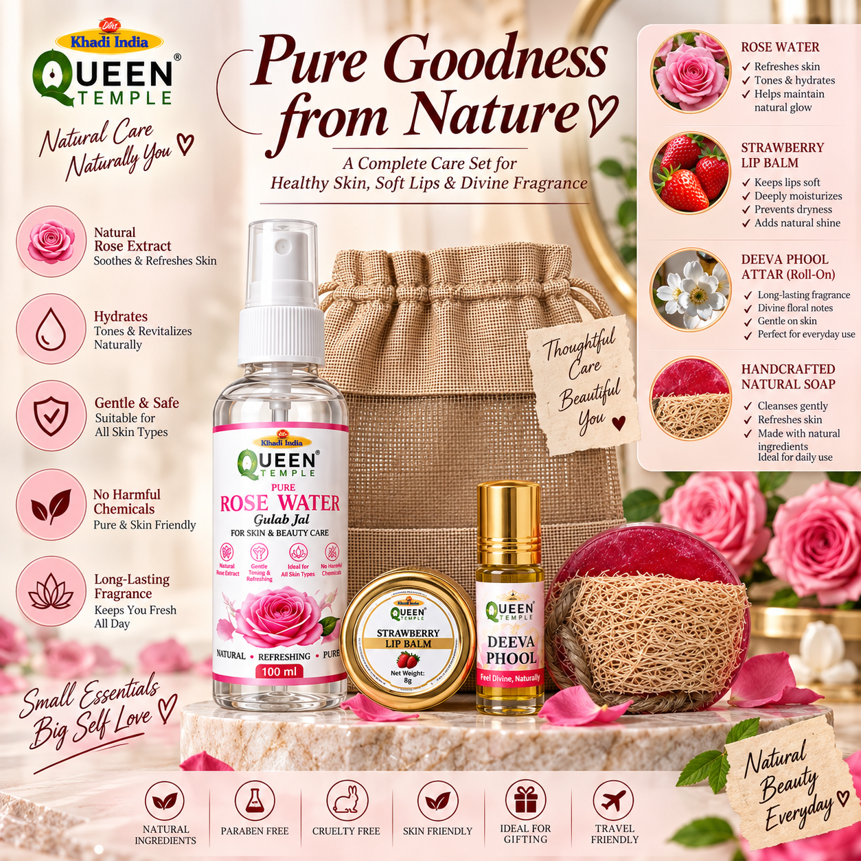 Queen Temple Natural Beauty Care Gift Set with Rose Water, Strawberry Lip Balm, Deeva Phool Attar Roll-On & Handmade Natural Soap, Complete Skincare & Fragrance Combo - Image 2