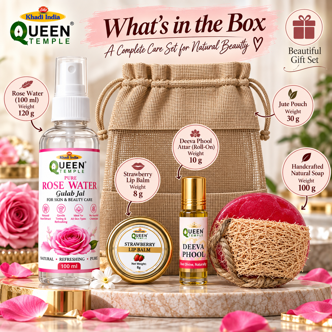 Queen Temple Natural Beauty Care Gift Set with Rose Water, Strawberry Lip Balm, Deeva Phool Attar Roll-On & Handmade Natural Soap, Complete Skincare & Fragrance Combo - Image 4