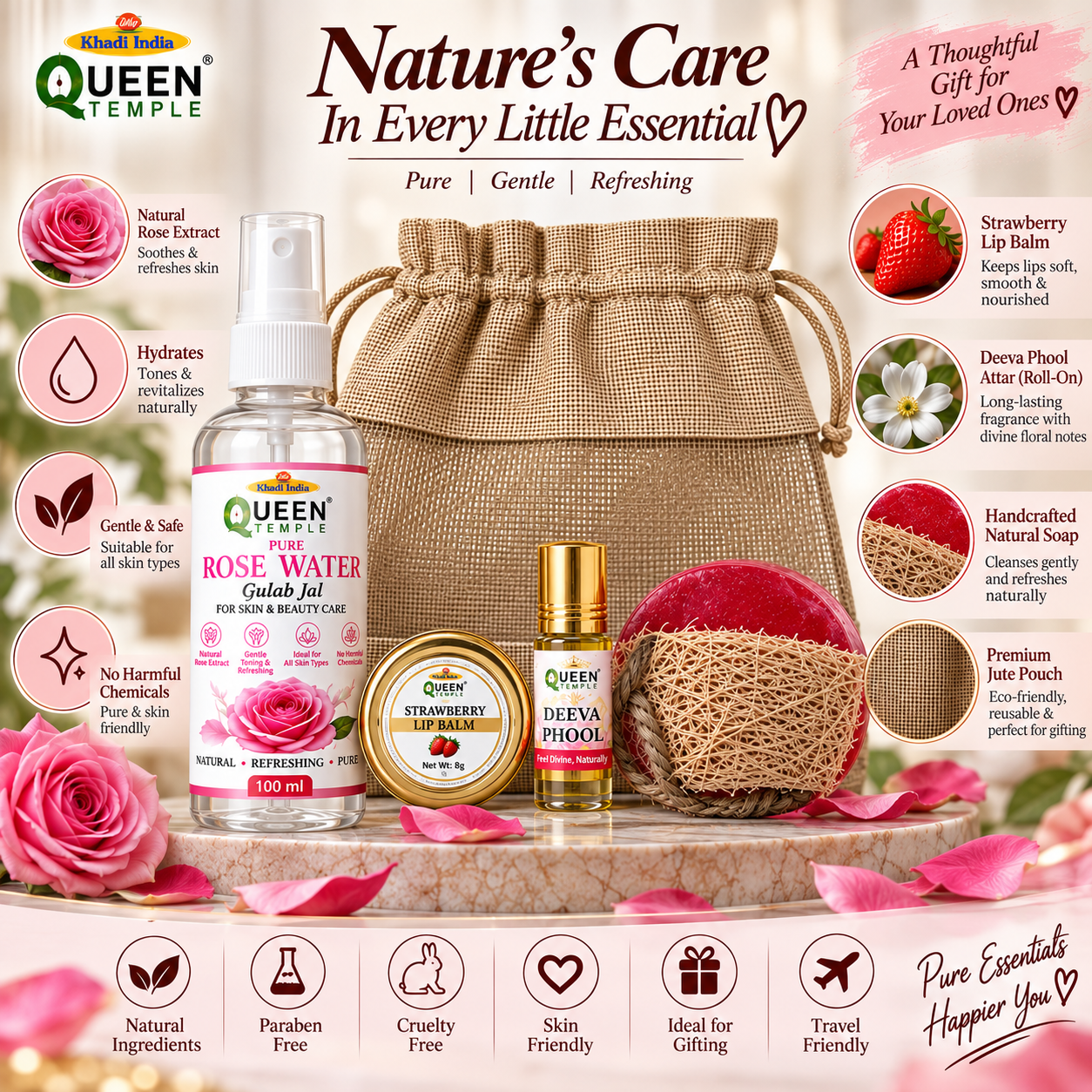 Queen Temple Natural Beauty Care Gift Set with Rose Water, Strawberry Lip Balm, Deeva Phool Attar Roll-On & Handmade Natural Soap, Complete Skincare & Fragrance Combo - Image 5