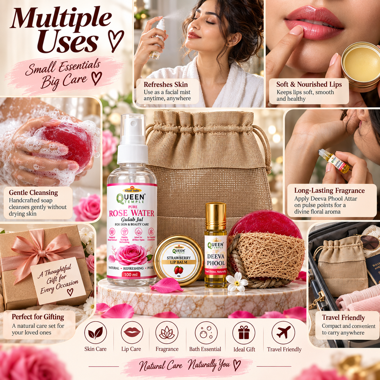 Queen Temple Natural Beauty Care Gift Set with Rose Water, Strawberry Lip Balm, Deeva Phool Attar Roll-On & Handmade Natural Soap, Complete Skincare & Fragrance Combo - Image 6
