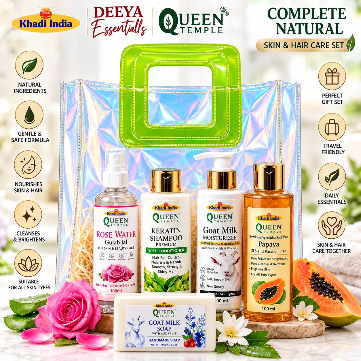 Queen Temple Complete Skin & Hair Care with Rose Water , Keratin Shampoo , Goat Milk Moisturizer, Papaya Face Wash & Goat Milk Handmade Soap - Image 2