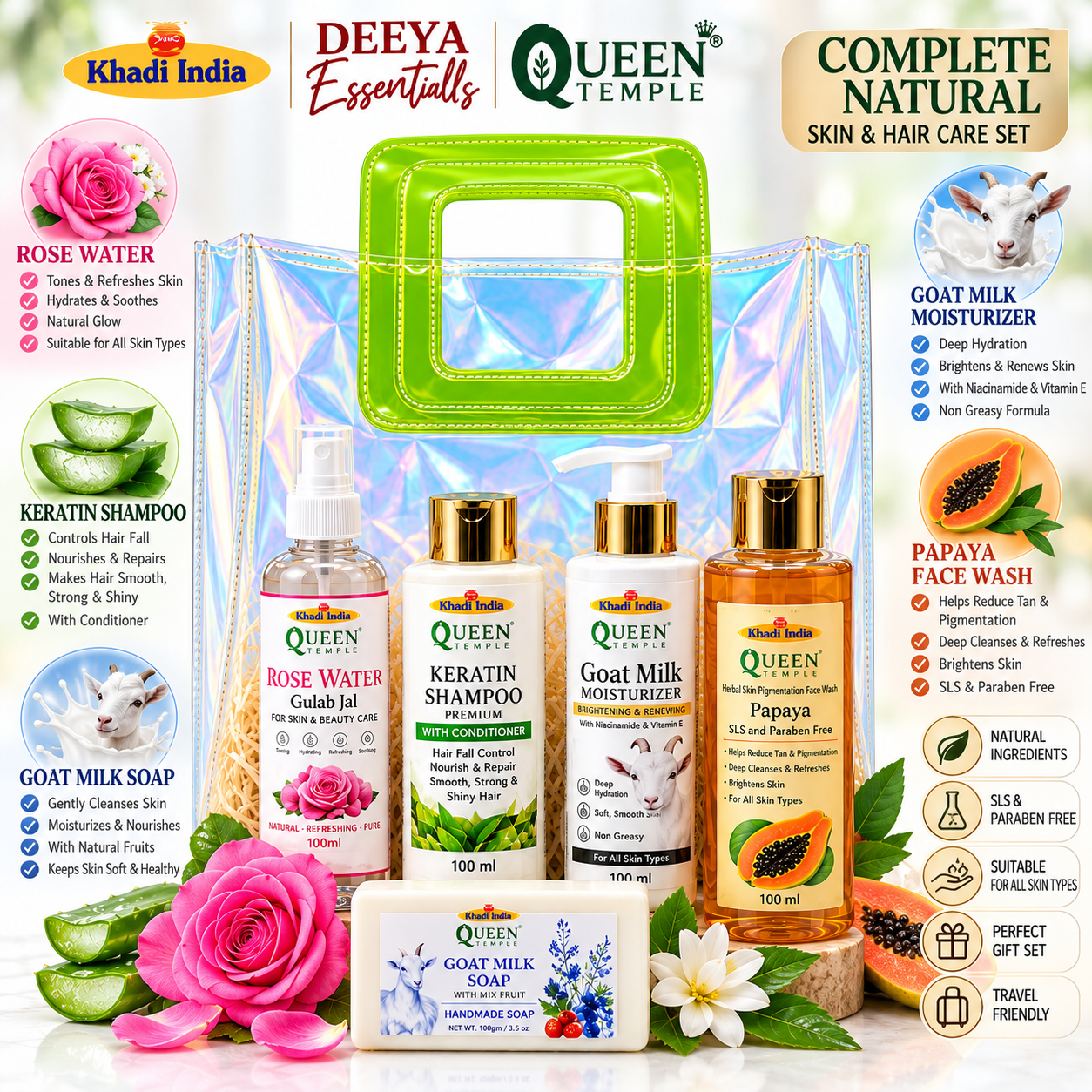 Queen Temple Complete Skin & Hair Care with Rose Water , Keratin Shampoo , Goat Milk Moisturizer, Papaya Face Wash & Goat Milk Handmade Soap - Image 3
