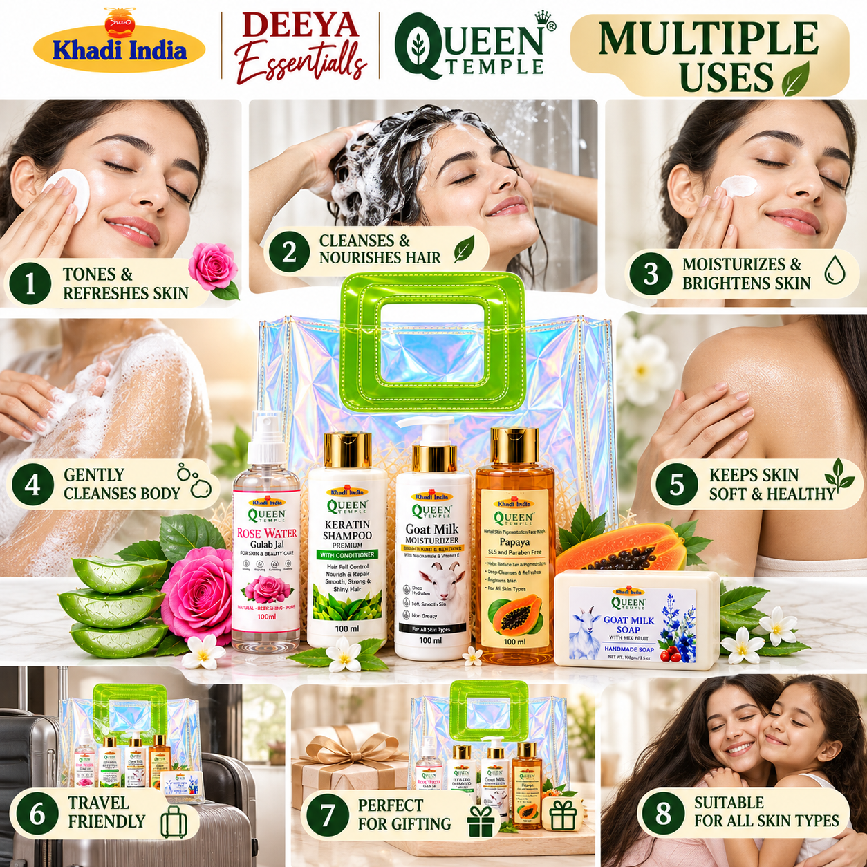 Queen Temple Complete Skin & Hair Care with Rose Water , Keratin Shampoo , Goat Milk Moisturizer, Papaya Face Wash & Goat Milk Handmade Soap - Image 5