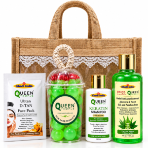 Queen Temple Khadi India Herbal Beauty – Keratin Shampoo, Herbal Aloe Vera & Neem Face Wash – Handmade Grape Soap, Ubtan D-Tan Face Pack, Complete Skin & Hair Care Gift Set