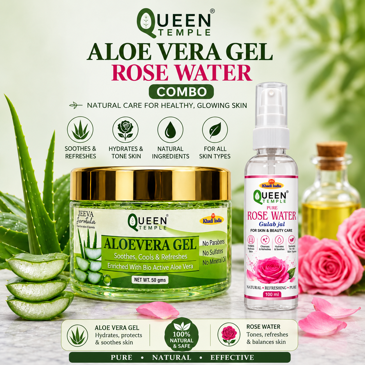 Queen Temple Rose Water + Aloe Vera Gel Combo | Face Toner & Moisturizing Skincare Set | Hydrating, Refreshing & Soothing Daily Skin Care - Image 2