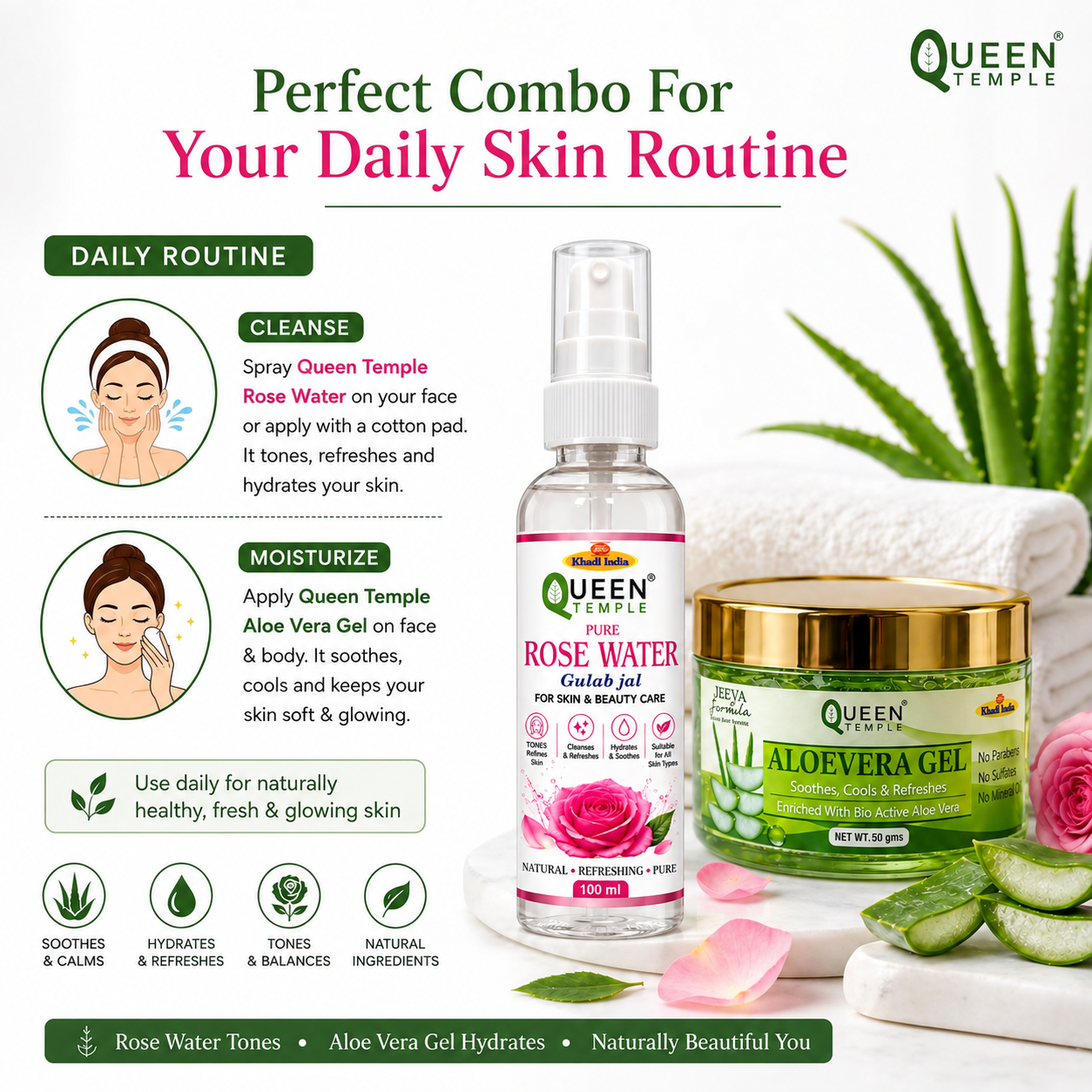 Queen Temple Rose Water + Aloe Vera Gel Combo | Face Toner & Moisturizing Skincare Set | Hydrating, Refreshing & Soothing Daily Skin Care - Image 3