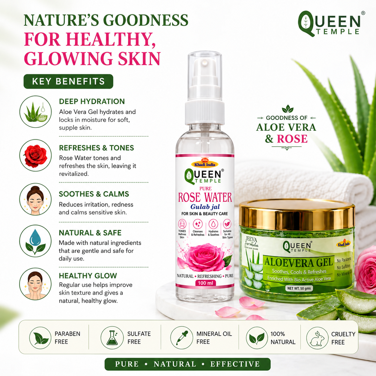 Queen Temple Rose Water + Aloe Vera Gel Combo | Face Toner & Moisturizing Skincare Set | Hydrating, Refreshing & Soothing Daily Skin Care - Image 4