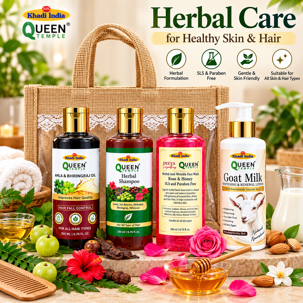 Queen Temple Herbal Hair & Skin Care Combo – Amla & Bhringraj Hair Oil 200 ml, Herbal Shampoo , Anti-Wrinkle Rose & Honey Face Wash & Goat Milk Lotion 200 ML Each - Image 2