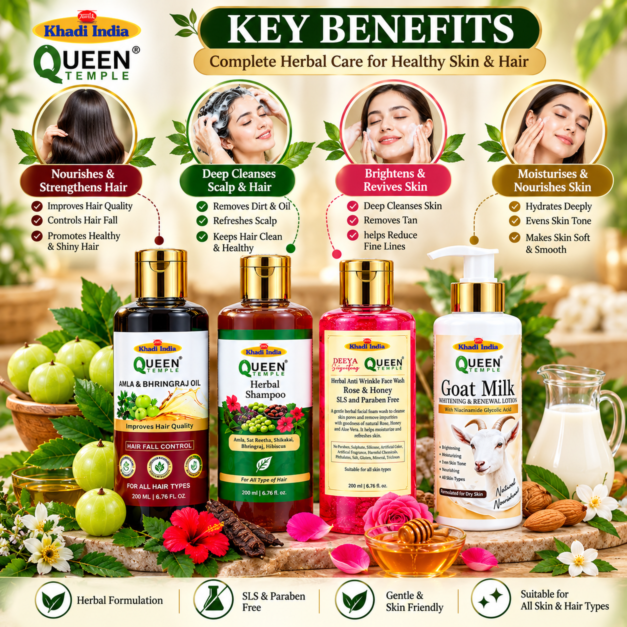 Queen Temple Herbal Hair & Skin Care Combo – Amla & Bhringraj Hair Oil 200 ml, Herbal Shampoo , Anti-Wrinkle Rose & Honey Face Wash & Goat Milk Lotion 200 ML Each - Image 3