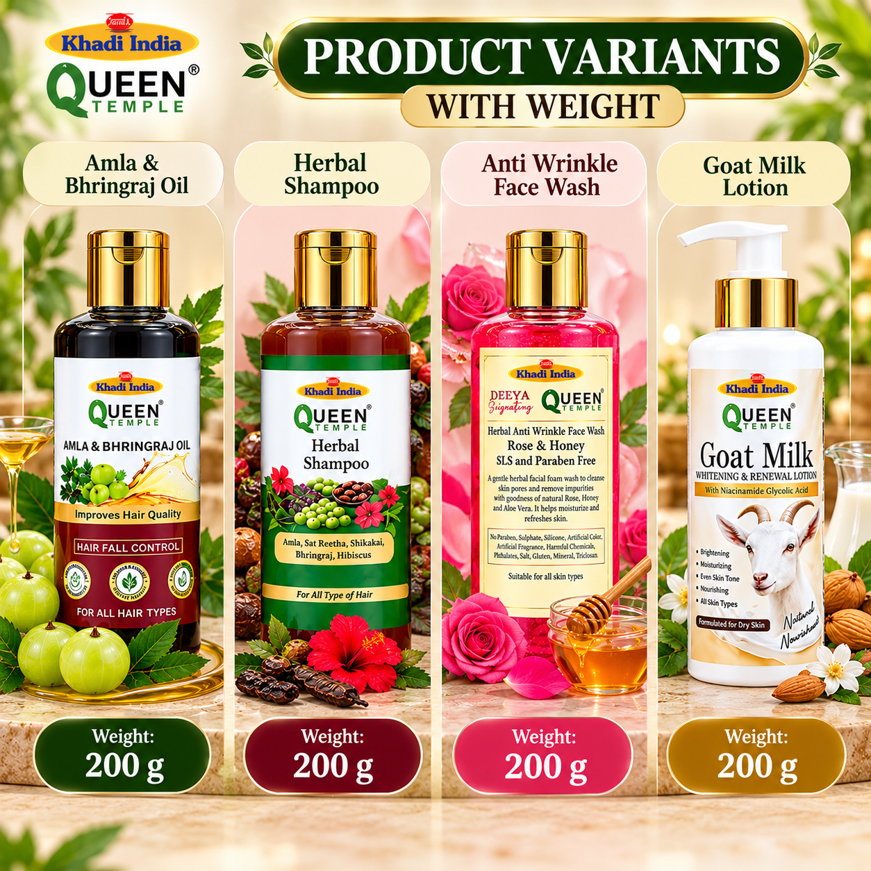 Queen Temple Herbal Hair & Skin Care Combo – Amla & Bhringraj Hair Oil 200 ml, Herbal Shampoo , Anti-Wrinkle Rose & Honey Face Wash & Goat Milk Lotion 200 ML Each - Image 4