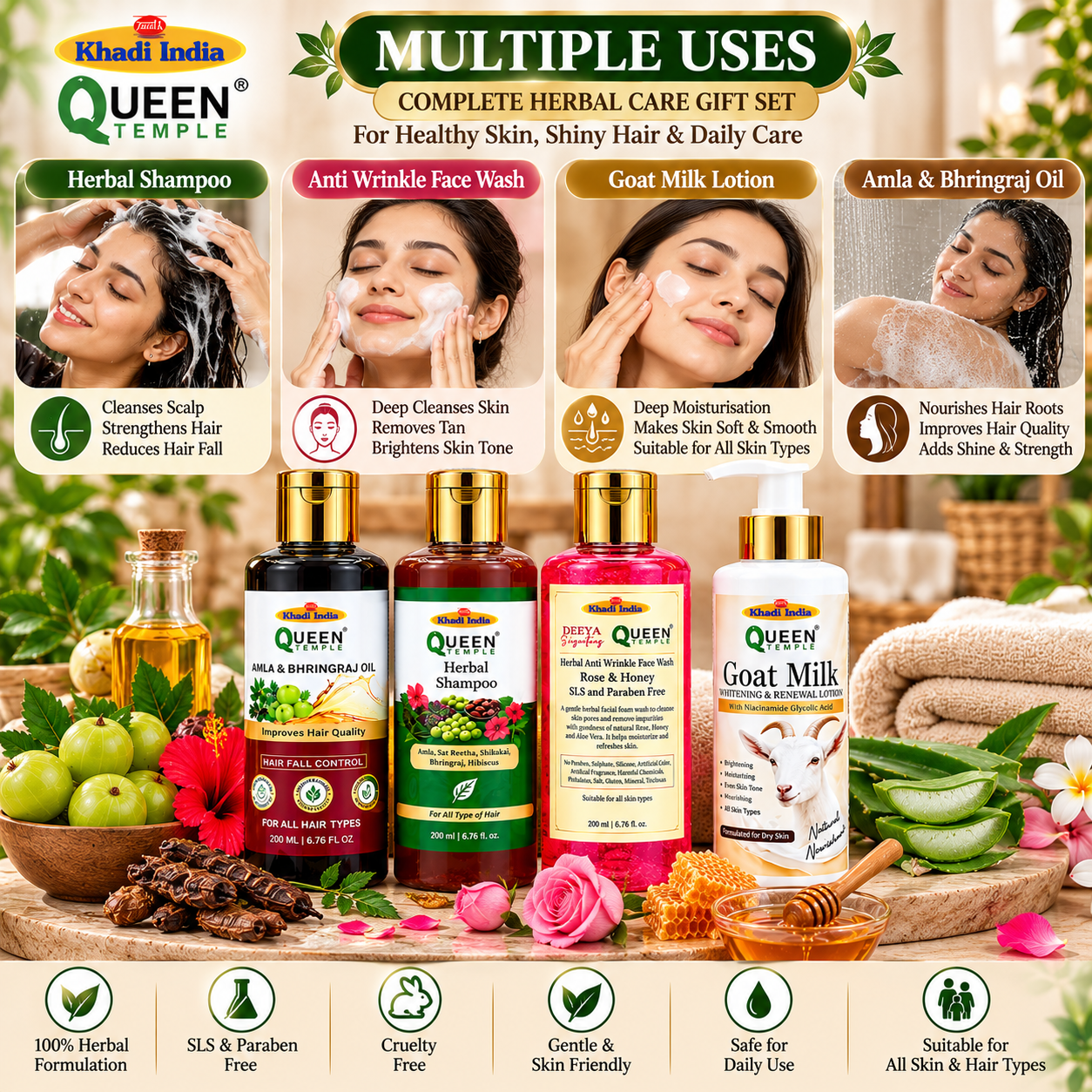 Queen Temple Herbal Hair & Skin Care Combo – Amla & Bhringraj Hair Oil 200 ml, Herbal Shampoo , Anti-Wrinkle Rose & Honey Face Wash & Goat Milk Lotion 200 ML Each - Image 5