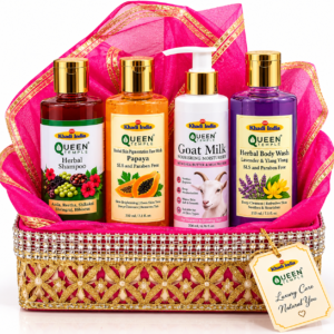 Queen Temple Luxury Herbal Skin & Hair Care Gift Set with Herbal Shampoo , Papaya Face Wash, Goat Milk Moisturiser & Herbal Body Wash - 210 ml (Each) Premium Pink Gift Basket