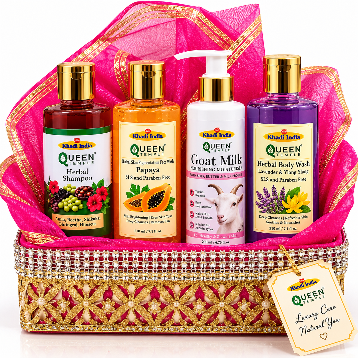 Queen Temple Luxury Herbal Skin & Hair Care Gift Set with Herbal Shampoo , Papaya Face Wash, Goat Milk Moisturiser & Herbal Body Wash - 210 ml (Each) Premium Pink Gift Basket