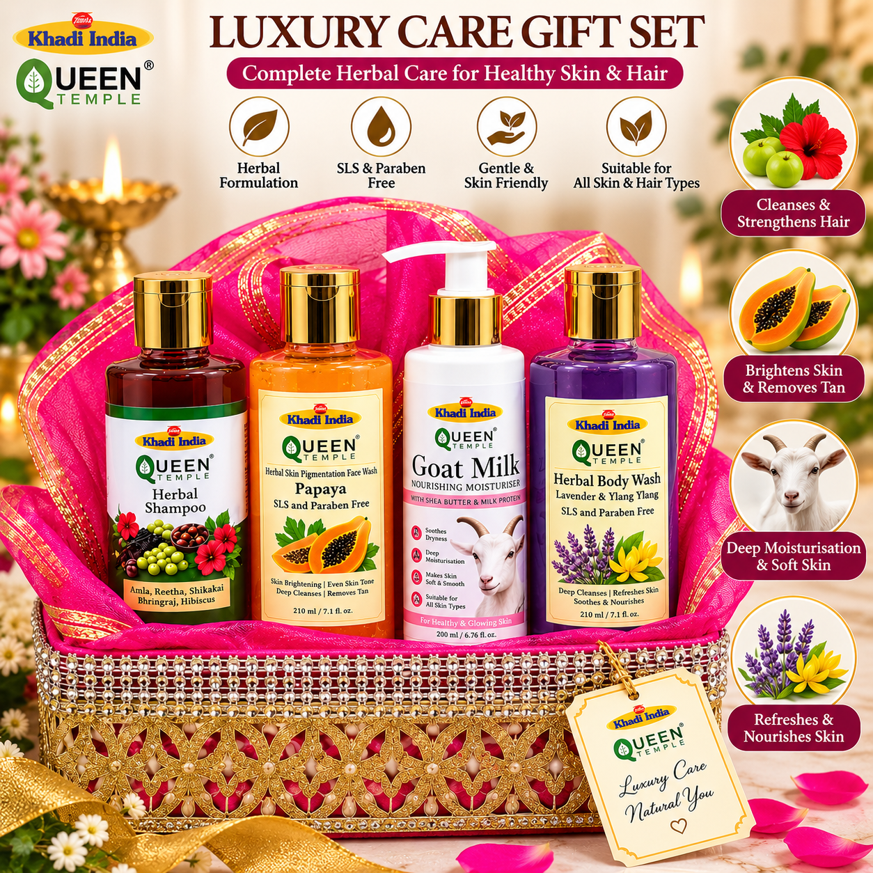 Queen Temple Luxury Herbal Skin & Hair Care Gift Set with Herbal Shampoo , Papaya Face Wash, Goat Milk Moisturiser & Herbal Body Wash - 210 ml (Each) Premium Pink Gift Basket - Image 2