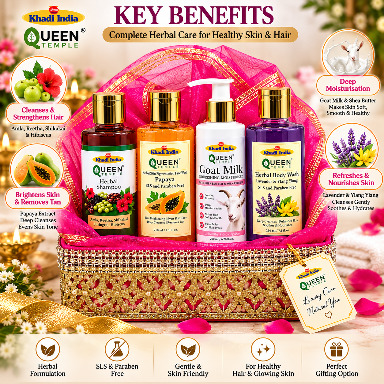 Queen Temple Luxury Herbal Skin & Hair Care Gift Set with Herbal Shampoo , Papaya Face Wash, Goat Milk Moisturiser & Herbal Body Wash - 210 ml (Each) Premium Pink Gift Basket - Image 3