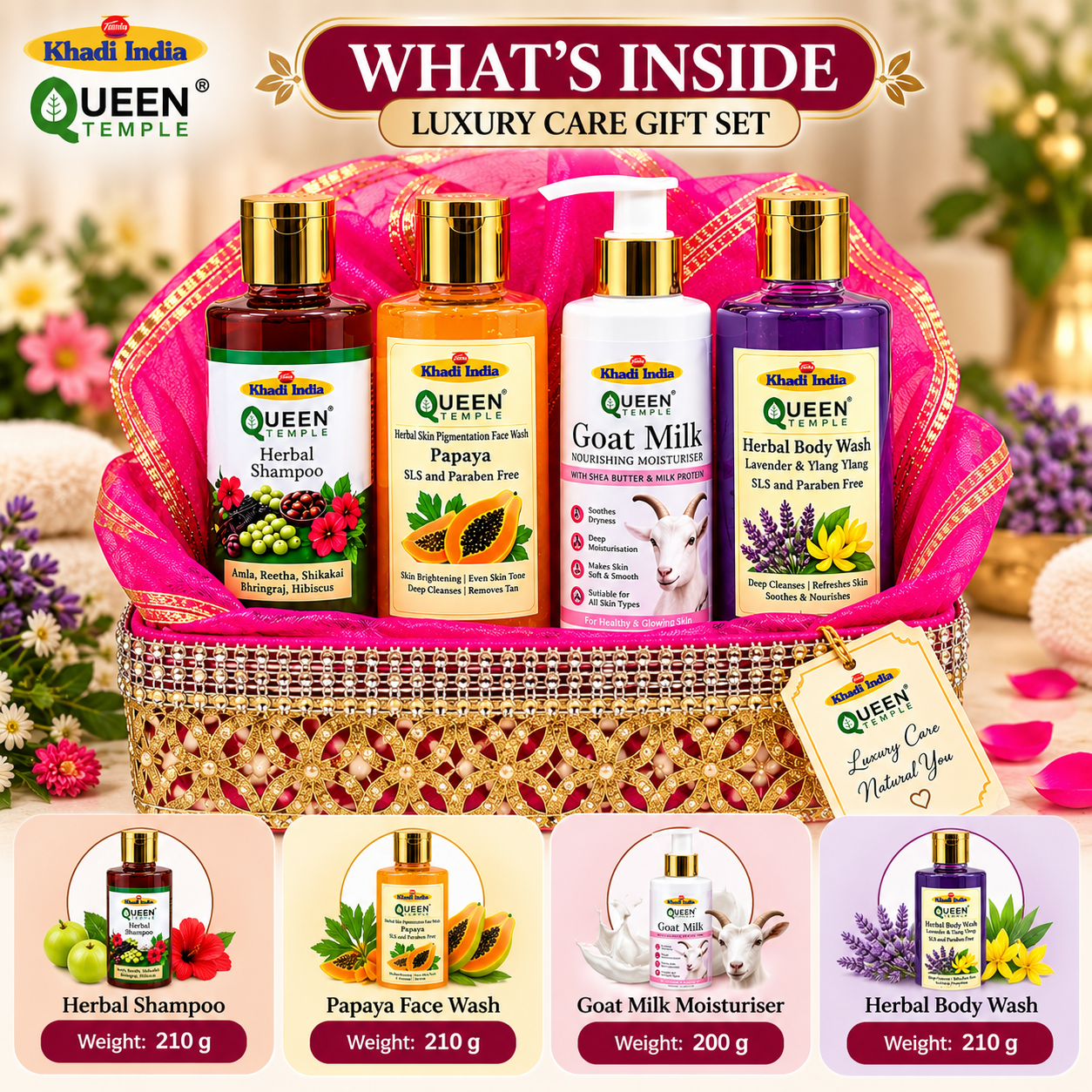 Queen Temple Luxury Herbal Skin & Hair Care Gift Set with Herbal Shampoo , Papaya Face Wash, Goat Milk Moisturiser & Herbal Body Wash - 210 ml (Each) Premium Pink Gift Basket - Image 4