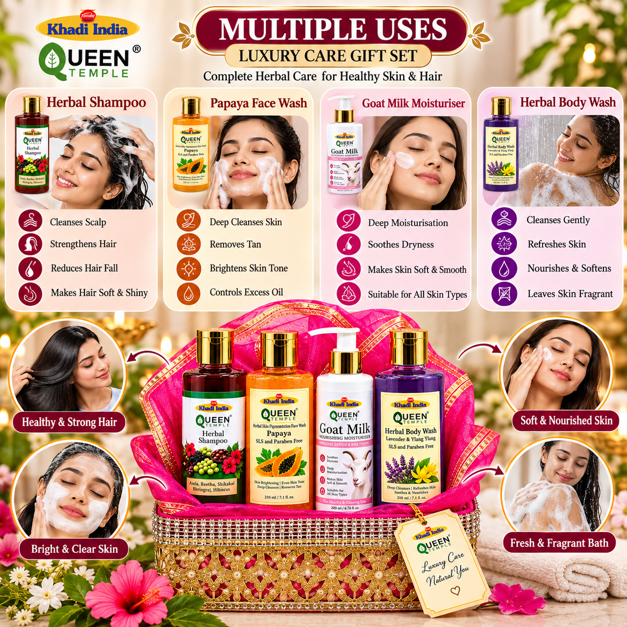 Queen Temple Luxury Herbal Skin & Hair Care Gift Set with Herbal Shampoo , Papaya Face Wash, Goat Milk Moisturiser & Herbal Body Wash - 210 ml (Each) Premium Pink Gift Basket - Image 5