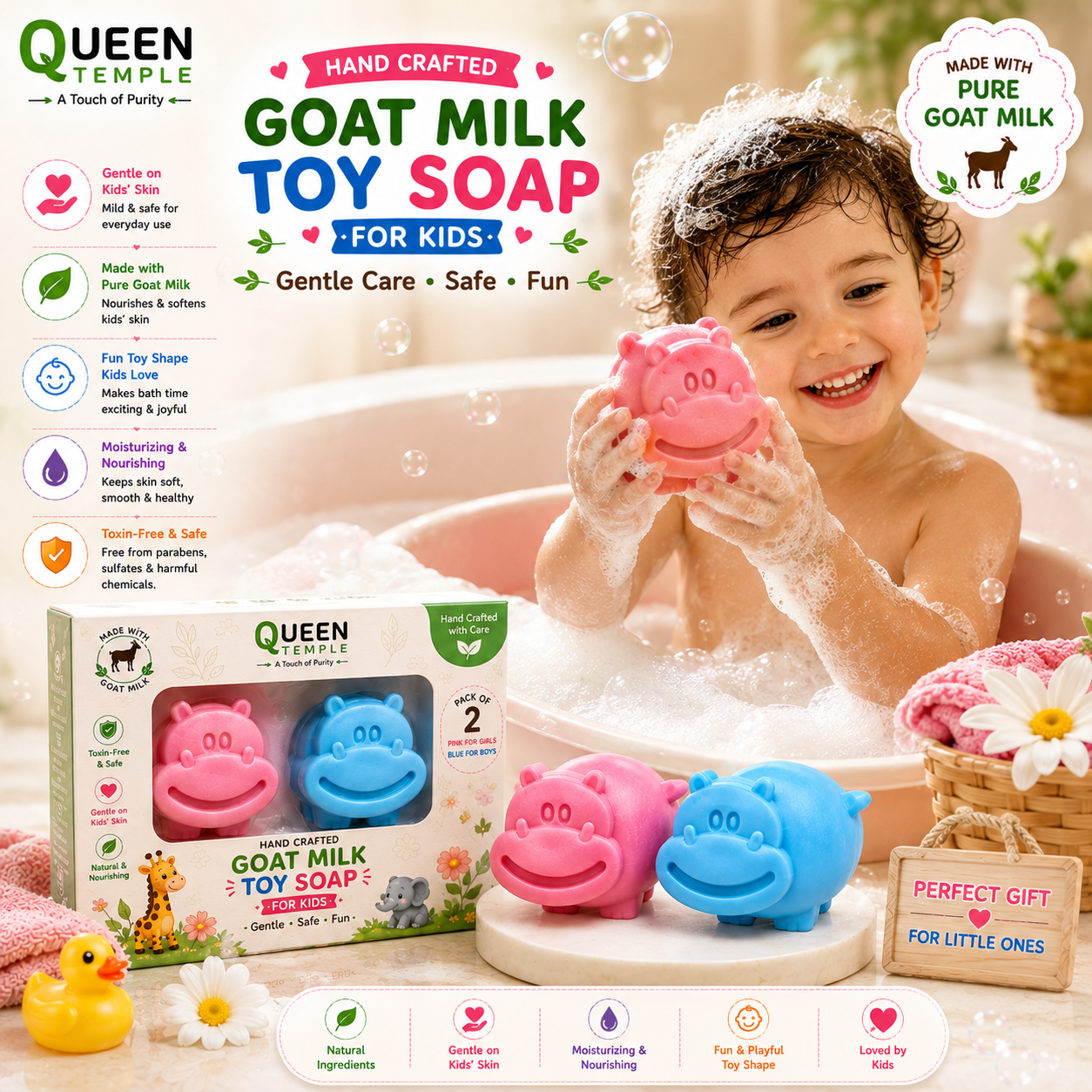 Queen Temple Handmade Pure Goat Milk Toy Soap for Kids – Fun Hippo Shape Bath Soap | Gentle & Moisturizing Kids Soap for Boys & Girls | Mild Daily Cleansing Soap | Pack of 2 - Image 2