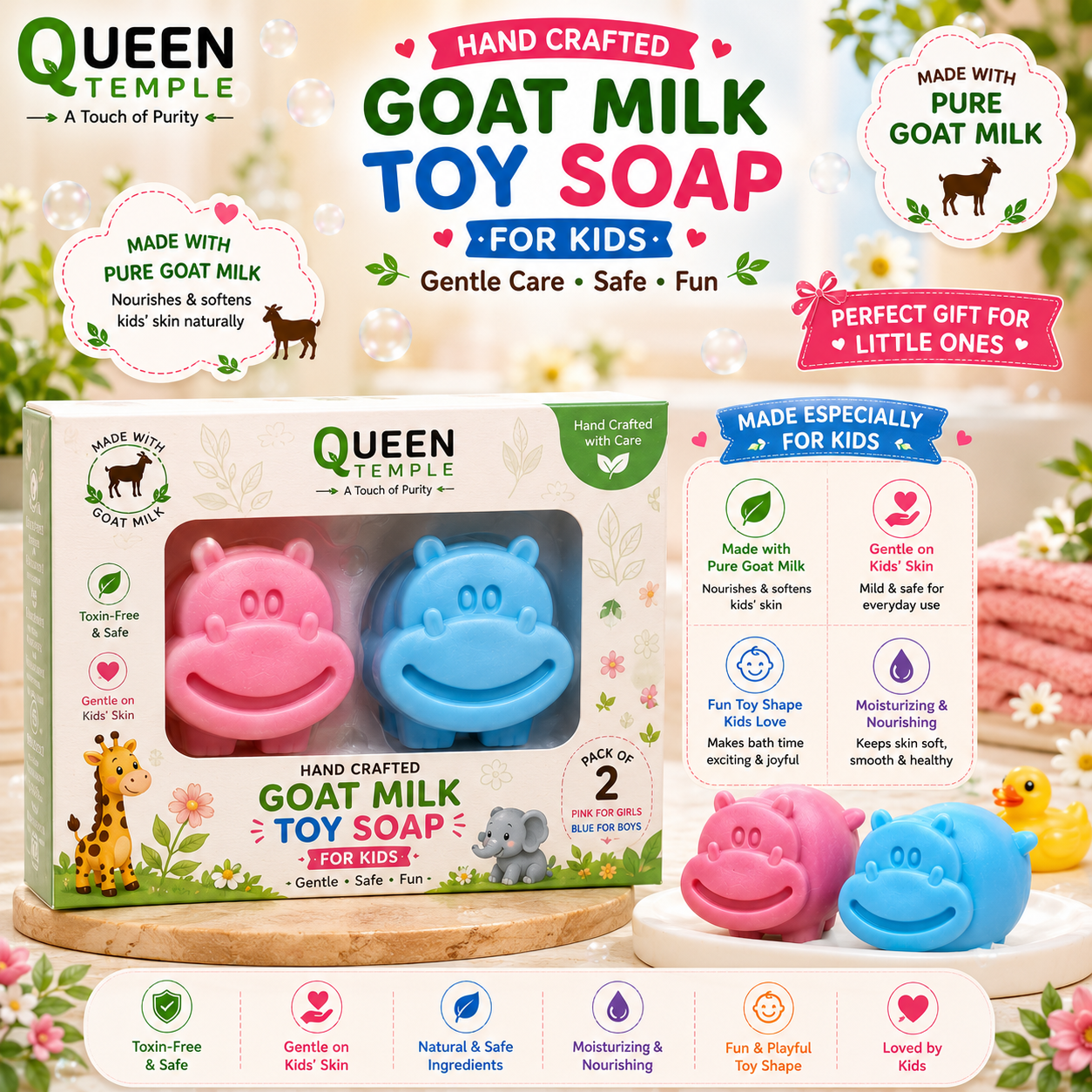 Queen Temple Handmade Pure Goat Milk Toy Soap for Kids – Fun Hippo Shape Bath Soap | Gentle & Moisturizing Kids Soap for Boys & Girls | Mild Daily Cleansing Soap | Pack of 2 - Image 3